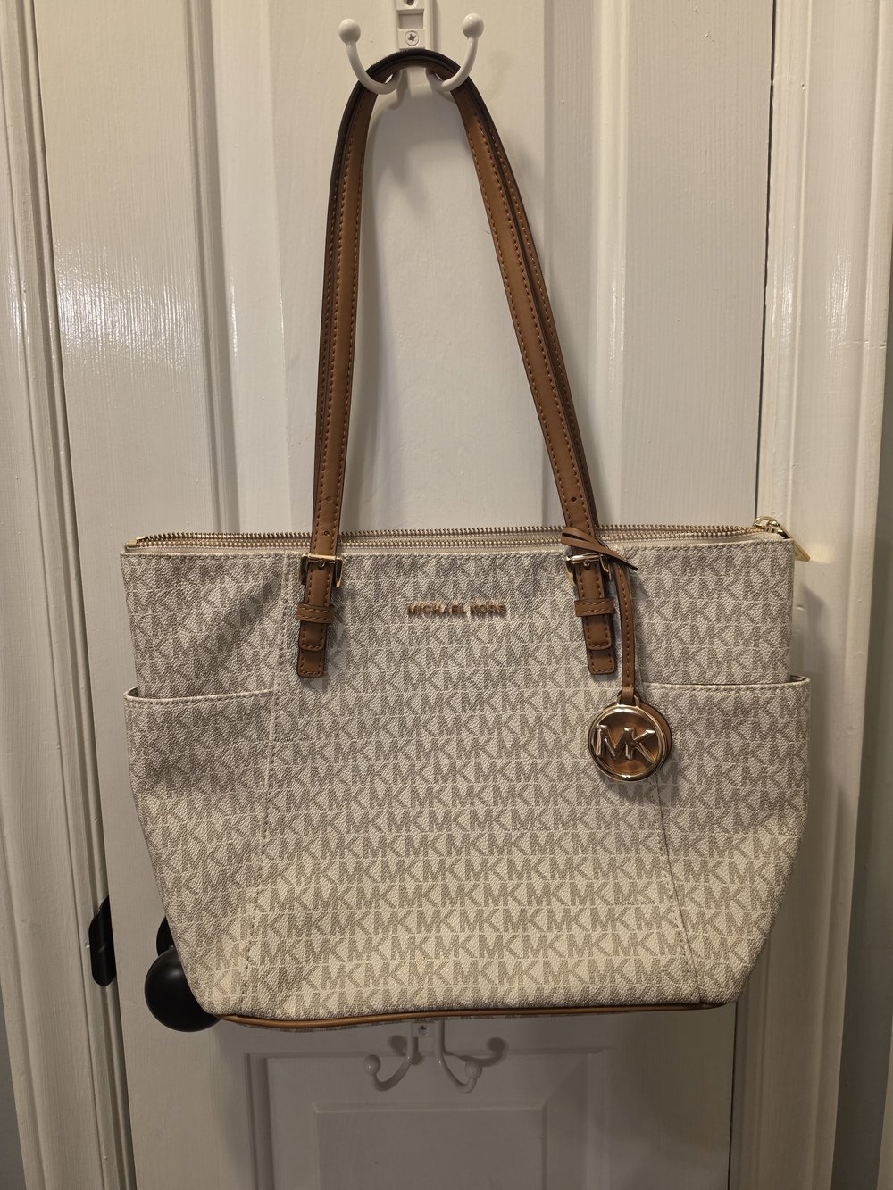 Michael Kors Vanilla Logo Tote with Acorn Leather Trim
